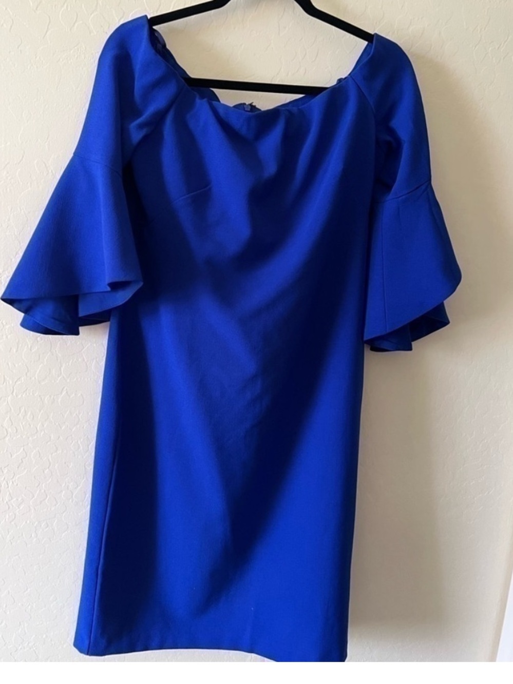 Chelsea28 Cobalt Blue Off-Shoulder Midi Dress with Ruffle Sleeves Size 12